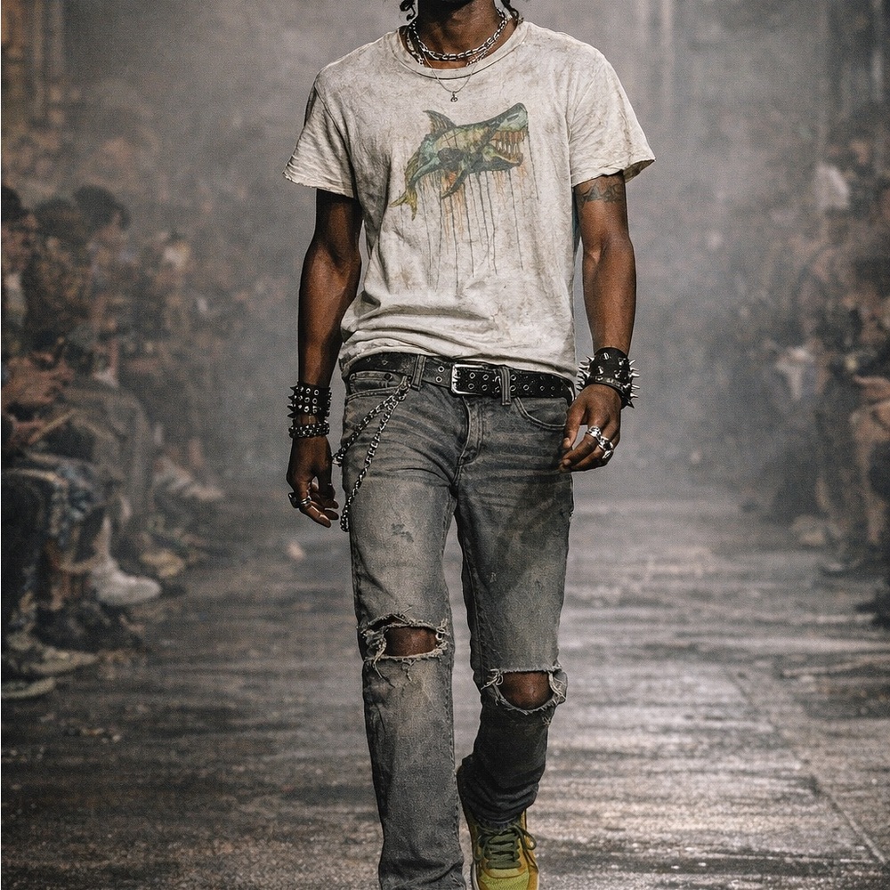 Shark T-shirt and Asos Ripped Jeans 2pc Grunge Bundle